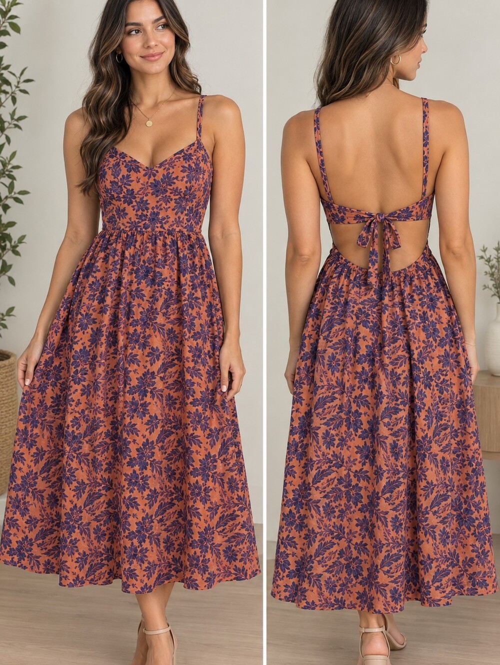Universal Thread Orange Maxi Dress with Blue Floral Print